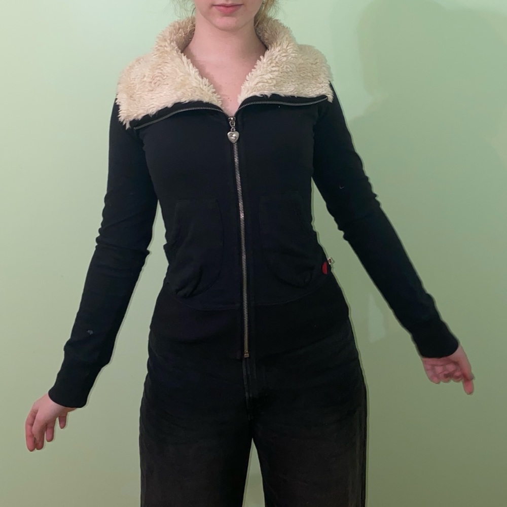 Twisted Heart Beaded Y2K Faux Fur Zip-Up